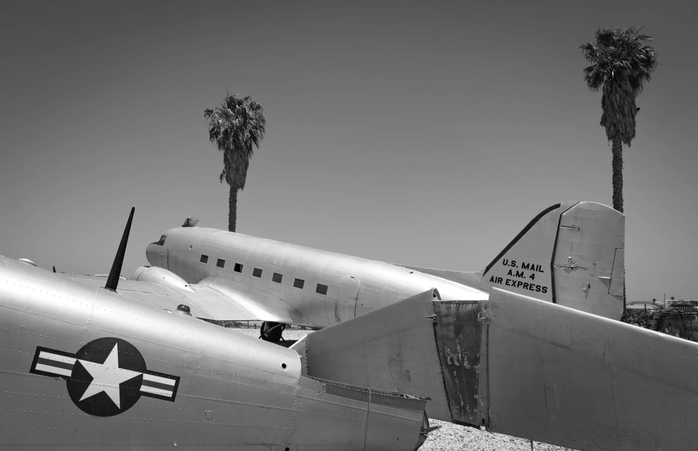Air Mail: Black and white image of a vintage U.S. Mail Air Express airplane with palm trees in the background.
