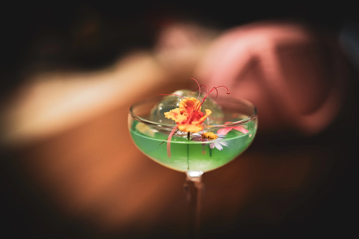 Grasshopper cocktail in a coupe glass with mint-chocolate color and creamy texture