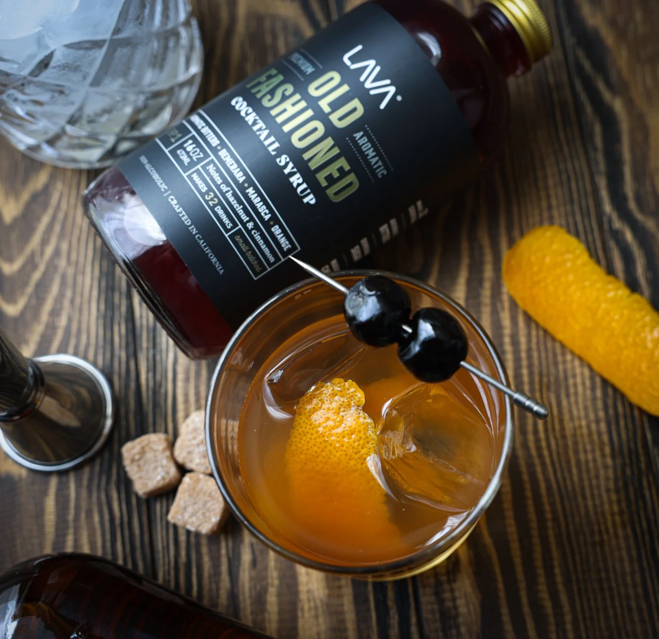 Top-down view of an Oaxaca Old Fashioned with orange peel